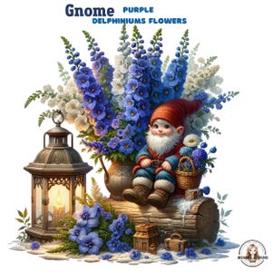 Purple Gnome Clipart, Gnome Delphiniums Clipart, Gnome Png, Purple Flowers, Sublimation Design, Spring Gnome, Gnome images, Digital download