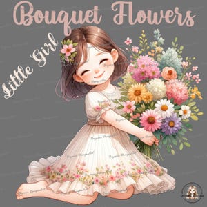 Cute little girl with a bouquet of flowers. Printable watercolor painting, nursery art, design for greeting card, digital download PNG
