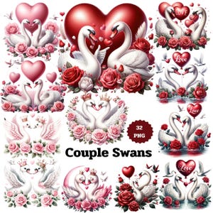 Imágenes prediseñadas de cisnes, pareja de cisnes PNG, 32 imágenes PNG de San Valentín, imágenes prediseñadas de cisnes románticos, uso comercial, imprimibles, descargas digitales, guardería