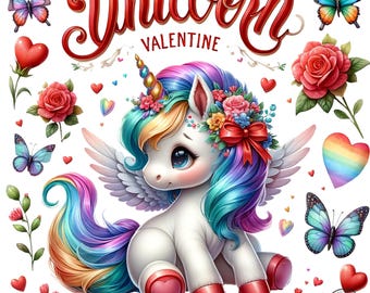 May include: A whimsical illustration featuring a white unicorn with a rainbow mane, wings, and a floral crown. The image includes butterflies, roses, hearts, and the text "Unicorn Valentine" in red script, perfect for Valentine's Day.