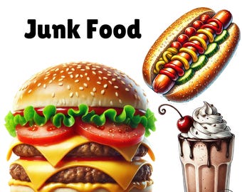 Junk Food Clipart, Fast Food, Food Download, Instant Download, Pizza, Donut, Hot Dog, Hamburger, Donut, Ice Cream, Cheat Day, Commercial USe