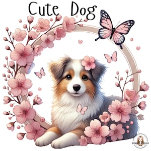 Dogs with Flowers Clipart, Pet Lover Sublimation PNG, Watercolor Dogs with Flowers and Butterflies, Instant Download, Commercial Use