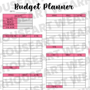 May include: A printable budget planner with sections for income, bills to be paid, expenses, savings, debt, and a summary. The planner has a pink and white colour scheme.