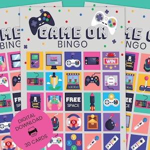 May include: Three vertical game bingo cards featuring the text GAME ON BINGO at the top with colorful video game controller icons. A pink circular badge overlays the cards with the text DIGITAL DOWNLOAD 30 CARDS and a printer icon.