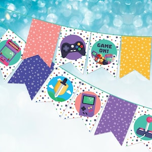 Gamer party decor printable sign bunting | Retro arcade video gaming icons, Birthday party decoration banner | instant digital download G01