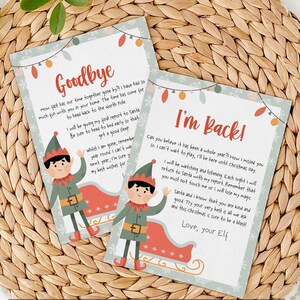 Paquete de cartas de llegada y despedida de elfo navideño / Estoy de regreso. Elfo navideño imprimible. Bienvenida, hola y despedida. DESCARGA INSTANTÁNEA C07