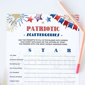 4th of July Patriotic Printable Game, Scattegories | Independence Day party, watercolor family quiz classroom activity INSTANT DOWNLOAD A01