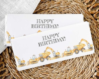 Happy Birthday Construction Chocolate Wrapper | Graphic as-is printable candy bar wrap favor, dump truck + digger party INSTANT DOWNLOAD C03