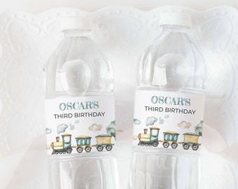 Train Water Bottle Label, editable printable | Boys vintage transport Birthday favor wrapper, DIY party decor template INSTANT DOWNLOAD T01