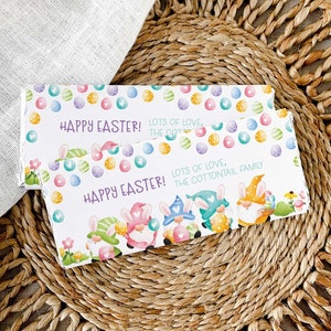 Editable Easter Candy Bar Wrapper, spring gnome printable chocolate wrap | DIY Happy Easter favor label template, instant download E04