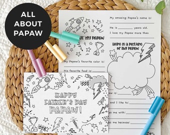 Printable Coloring Grandfather Card + All About Papaw bundle | Happy Father's Day gift, DIY kids classroom activity, INSTANT DOWNLOAD F01