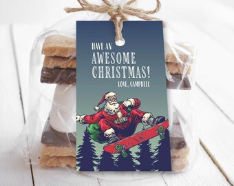 Christmas Gift Tag, Skateboarding Cool Santa editable printable | Teen friend custom thank you tag favor, instant download DIY template C05