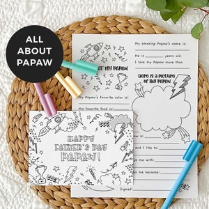 Lot carte grand-père à colorier + Tout sur la papaye | Cadeau pour la fête des pères, activité bricolage en classe pour enfants, TÉLÉCHARGEMENT IMMÉDIAT F01
