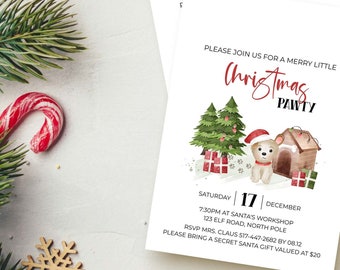 Dog Christmas Party Invitation, Cute Puppy Pawty editable printable | Watercolor farmhouse style instant download, DIY invite template D01