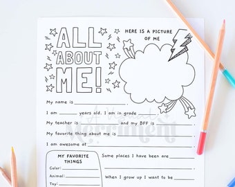 All About Me Printable Worksheet | Back to school writing prompt for kids, classroom activity questionnaire template INSTANT DOWNLOAD B02