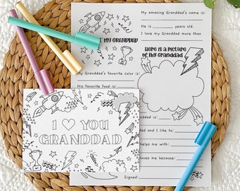 Love You Granddad Printable Coloring Grandfather Card + All About Granddad | Father's gift DIY kids classroom activity, INSTANT DOWNLOAD F01