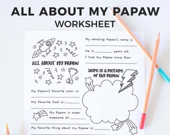 All About Papaw Father's Day printable gift questionnaire | Fill in the blank grandfather kids classroom activity, INSTANT DOWNLOAD F01