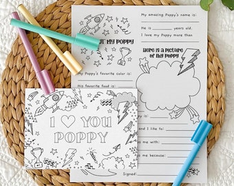 Love You Poppy Printable Coloring Grandfather Card + All About Poppy | Father's Day gift, DIY kids classroom activity INSTANT DOWNLOAD F01