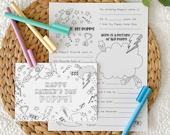 Happy Father's Day Grandfather Printable Coloring Card + All About Poppy worksheet | DIY kids classroom activity gift, INSTANT DOWNLOAD F01