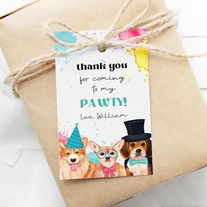 Dog Party Favor Tag, Chihuahua Welpen Pawty druckbare Geschenkanhänger | Bearbeitbare Geburtstags-Dankeskarte, DIY-Partyvorlage, sofortiger Download D02