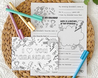 Love You Grandad Printable Coloring Grandfather Card + All About Grandad | Father's gift, DIY kids classroom activity, INSTANT DOWNLOAD F01