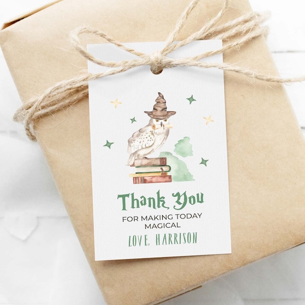 Witch + Wizard Favor Tag, owl editable printable | Magic Birthday custom thank you card, magician party DIY template, instant download W02