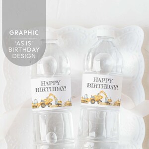 Construction Happy Birthday Water Bottle Label, printable | Boys dump truck + digger party decor, favor drink wrapper INSTANT DOWNLOAD C03