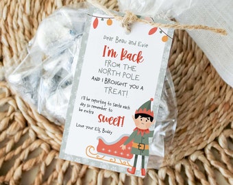 Editable Christmas Elf Arrival Tag I'm Back with a Sweet Treat | Modern personalized elf return printable gift tag card INSTANT DOWNLOAD C07