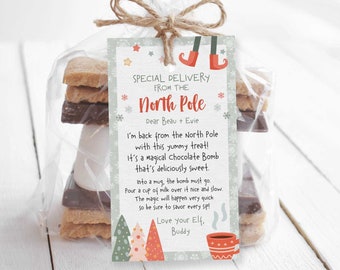 Editable Christmas Elf Arrival Tag Special Delivery Chocolate Bomb | North Pole personalized elf return treat printable INSTANT DOWNLOAD C07