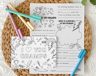 Love You Gramps Printable Coloring Grandfather Card + All About Gramps | Fathers Day gift, DIY kids classroom activity, INSTANT DOWNLOAD F01