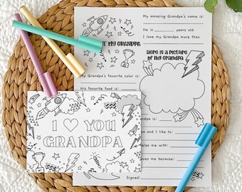 Love You Grandpa Printable Coloring Grandfather Card + All About Grandpa | Fathers Day gift DIY kids classroom activity INSTANT DOWNLOAD F01