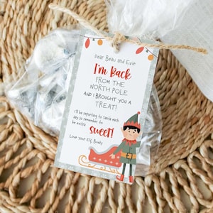 Editable Christmas Elf Arrival Tag I'm Back with a Sweet Treat | Modern personalized elf return printable gift tag card INSTANT DOWNLOAD C07