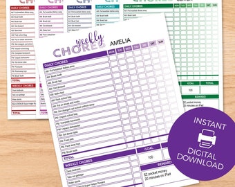 Chore Chart for Kids, editable printable | Daily + Weekly responsibility routine with goals, rewards template | instant digital download C01