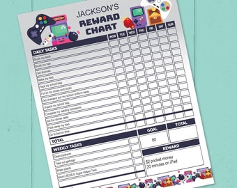 Gamer Reward Chart for Kids, editable printable | Video game daily planner | responsibility routine chore template | instant download G01