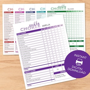 Chore Chart for Kids, editable printable | Daily + Weekly responsibility routine with goals, rewards template | instant digital download C01