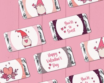 Valentine Party Favor printable candy wrapper | Valentine's Day mini chocolate wrap, school kids gift | Gnome Galentine instant download V01