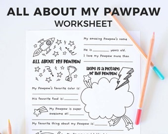 All About Pawpaw Father's Day printable gift questionnaire | Fill in the blank grandfather kids classroom activity, INSTANT DOWNLOAD F01