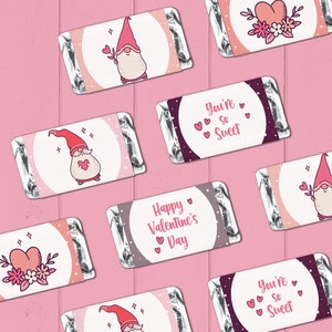 Valentine Party Favor printable candy wrapper | Valentine&#39;s Day mini chocolate wrap, school kids gift | Gnome Galentine instant download V01