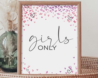 Confetti Hearts Party Sign, Girls Only | Printable 8x10 table or room decor | Girl friendship, women empowerment poster INSTANT DOWNLOAD H05