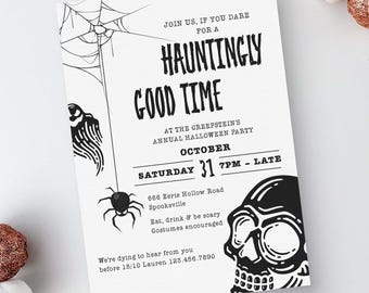 Spooky Halloween Party Invitation, editable printable | DIY Skeleton Haunting Birthday Invite template for Adults INSTANT DOWNLOAD H06