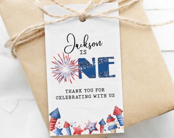 4th of July 1st Birthday Favor Tag, One firecracker editable template | Printable Independence Day thank you card, DIY INSTANT DOWNLOAD A01