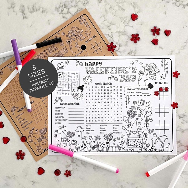 Valentines Day Activity for Kids, Gnome love printable game placemat sheet | Valentine coloring mat instant download, party table decor V01