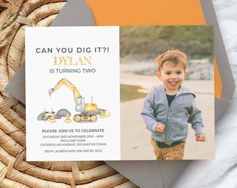 Digger Birthday Photo Invitation, boys construction party theme | Excavator editable printable, DIY watercolor invite INSTANT DOWNLOAD C03