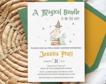 Owl, Witch + Wizard Party Invitation, magic school baby shower editable printable | DIY invite template | Magician instant download W02