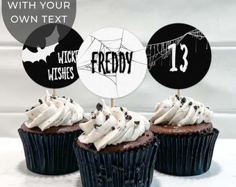 Halloween Cupcake Toppers, editable printable template | Spooky vintage personalized custom cake decor or cookie tag INSTANT DOWNLOAD H06