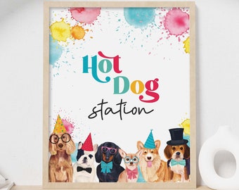 Hot Dog Station Puppy Party Sign | Printable food sign table decor for boy or girl dog party | Pawty Birthday instant digital download D02