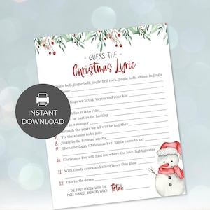 Guess the Christmas Lyric printable game Kids, adult, family music quiz Office, party, classroom song activity instant download G02 image 1