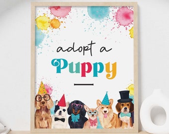 Adopt a Puppy Sign | Printable table decor for boy or girl dog party | Doggy adoption Birthday party sign, cute instant digital download D02