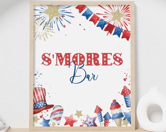 4th of July Party Sign, S'mores Bar printable food table decor | Sweets station patriotic Independence Day block party, instant download A01