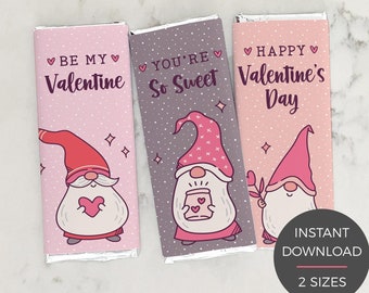 Valentine Candy Printable Wrapper, Hershey chocolate bar wrap | Gnome school kids gift | Valentines Day classroom favor instant download V01